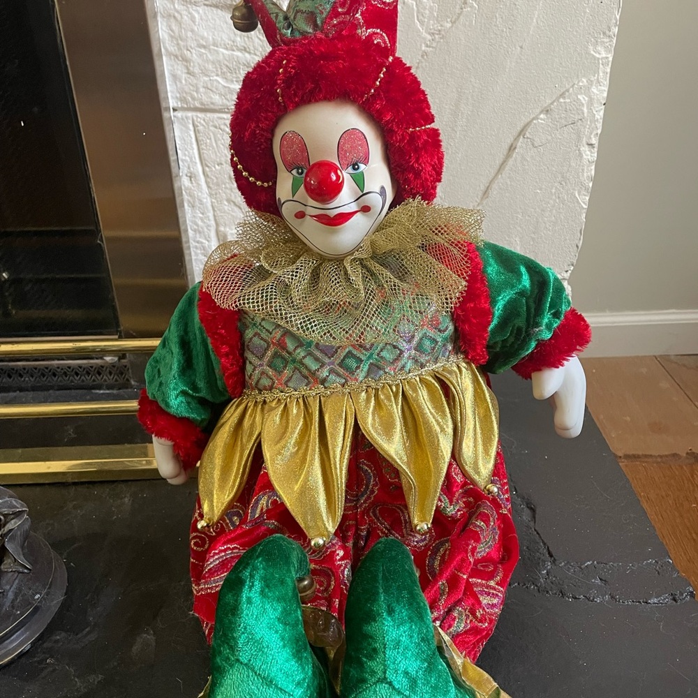 Festive Clown Doll with Red and Green Outfit